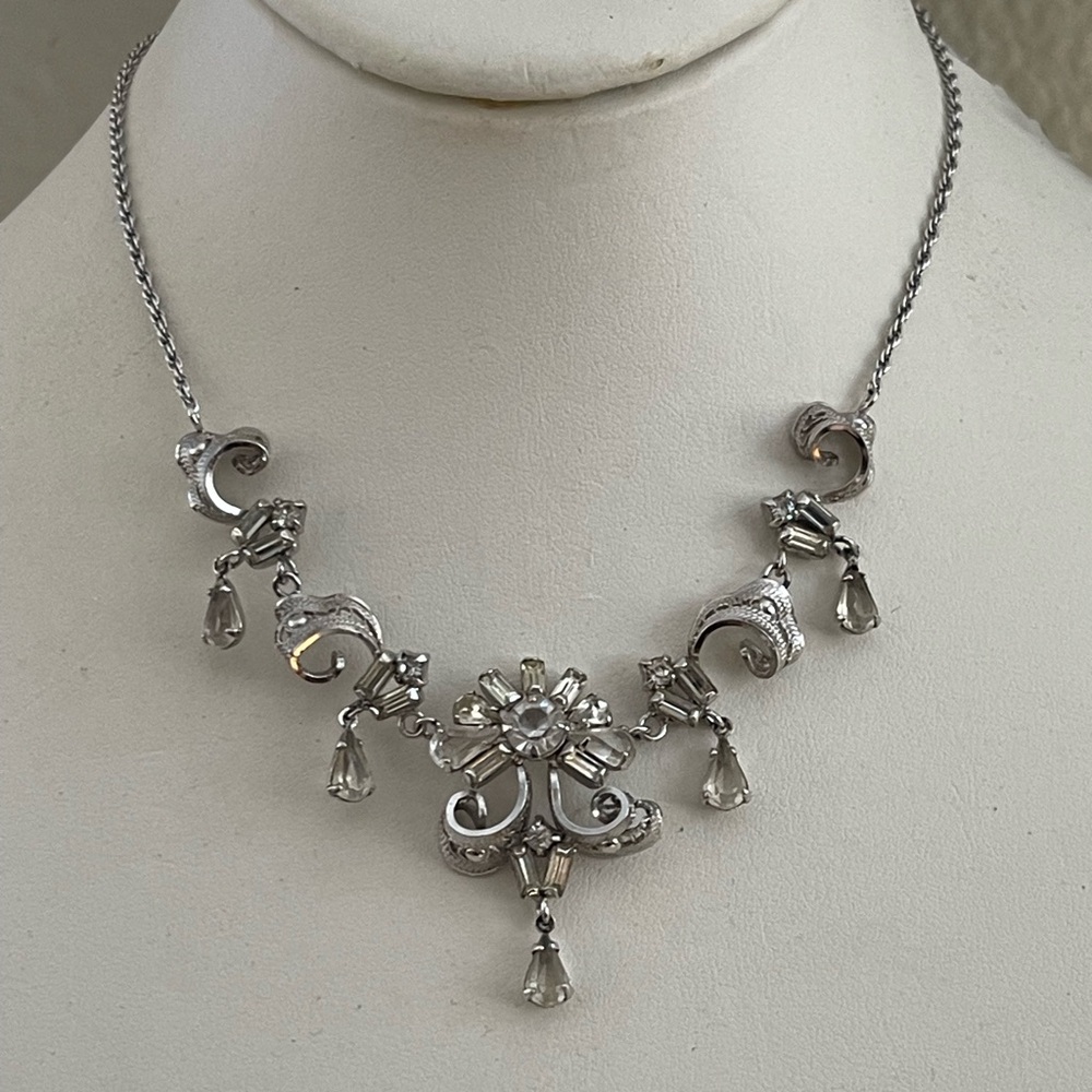 1950s Titan Sterling signed filigree crystal vintage necklace - Picture 2 of 7